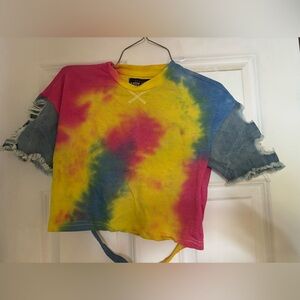 Cropped tie dye  denim cap short sleeve distressed tshirt ! NWOT